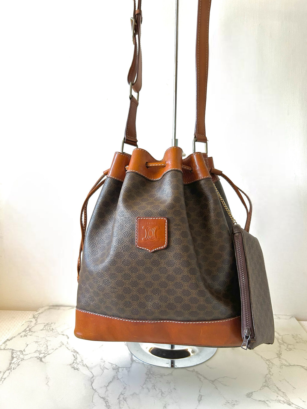 CELINE Brown Old Flower Leather Drawstring Bucket Bag / Side Bag