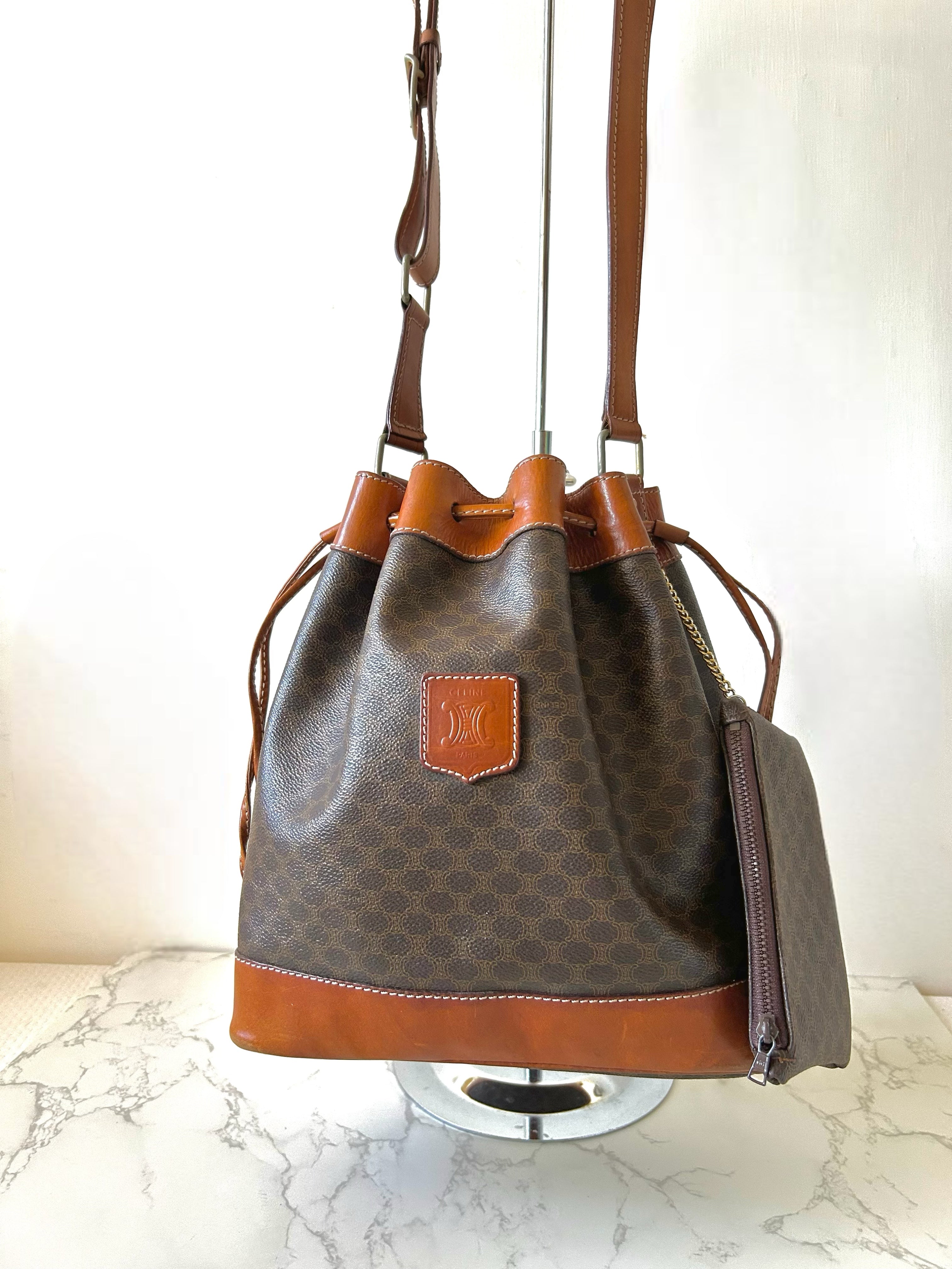 CELINE Brown Old Flower Leather Drawstring Bucket Bag / Side Bag