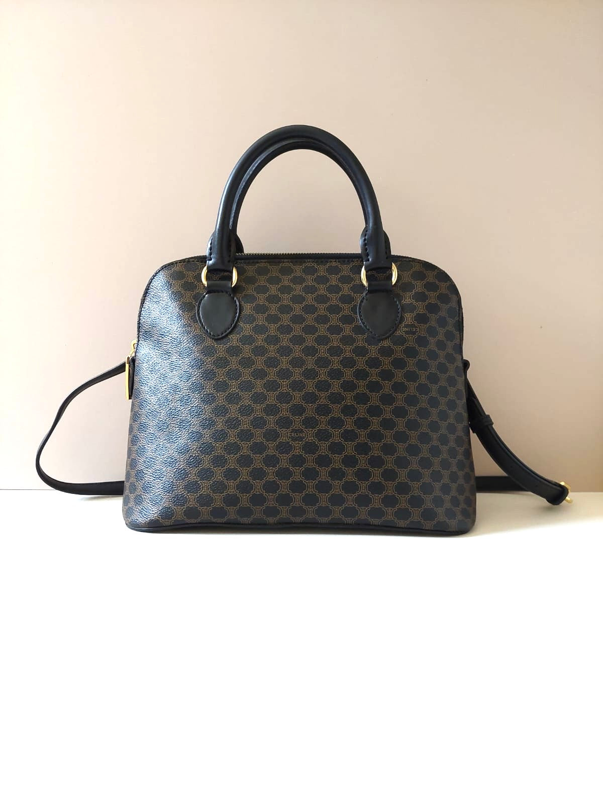 CELINE rare black old flower shell leather bag / side bag / oblique bag