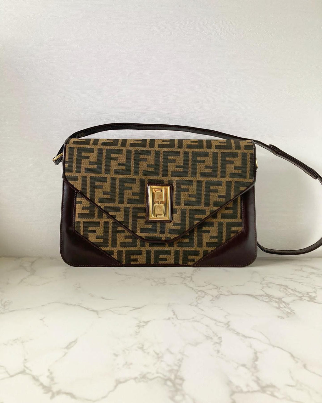 FENDI Zucchino rare brown old flower gold buckle side bag / underarm bag