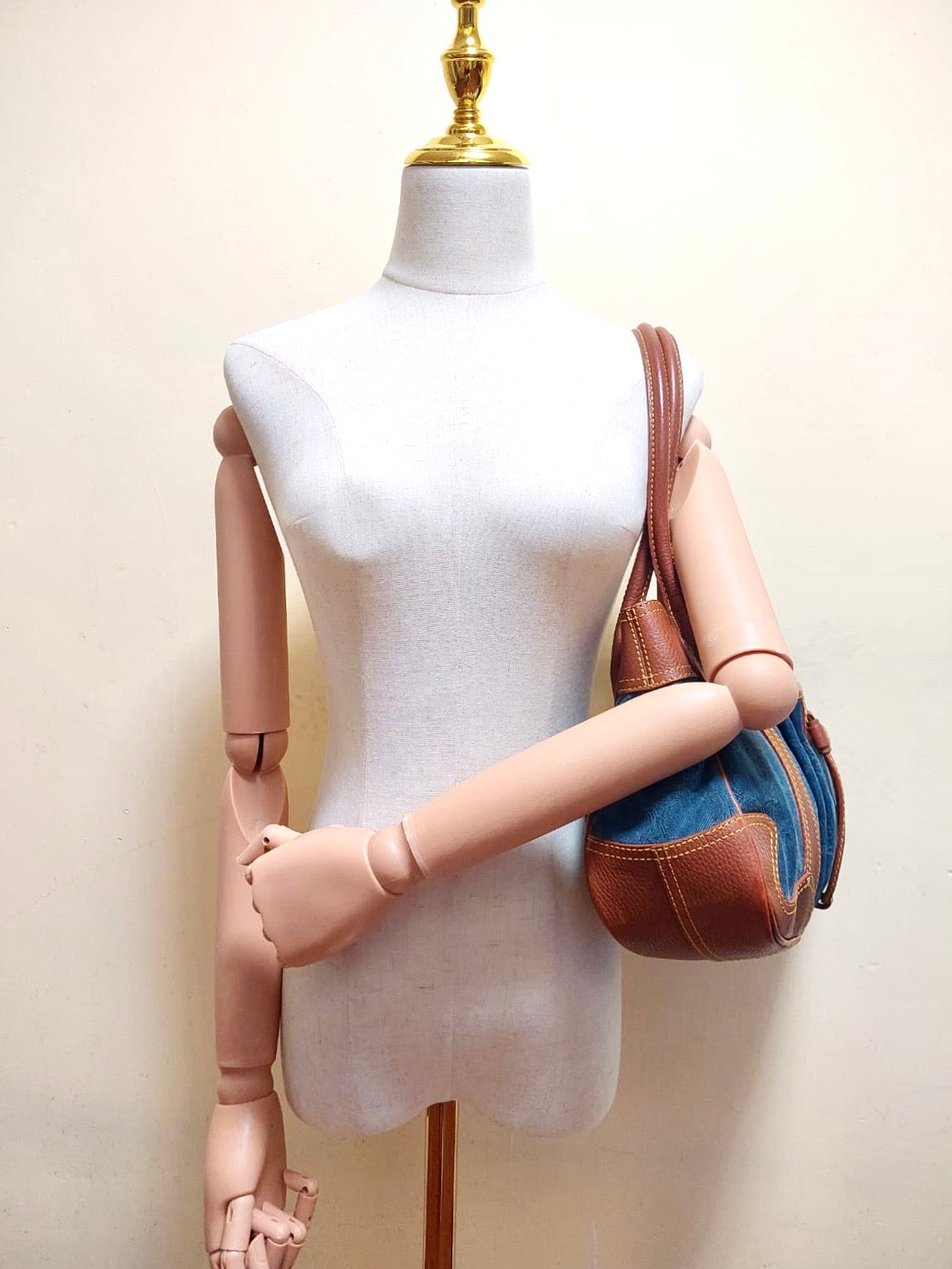 CELINE rare denim blue old flower leather small bag / side backpack / underarm bag