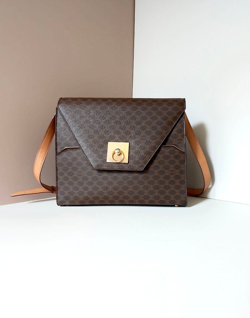 CELINE 中古咖啡色老花信封盒子包/側背包/斜背包