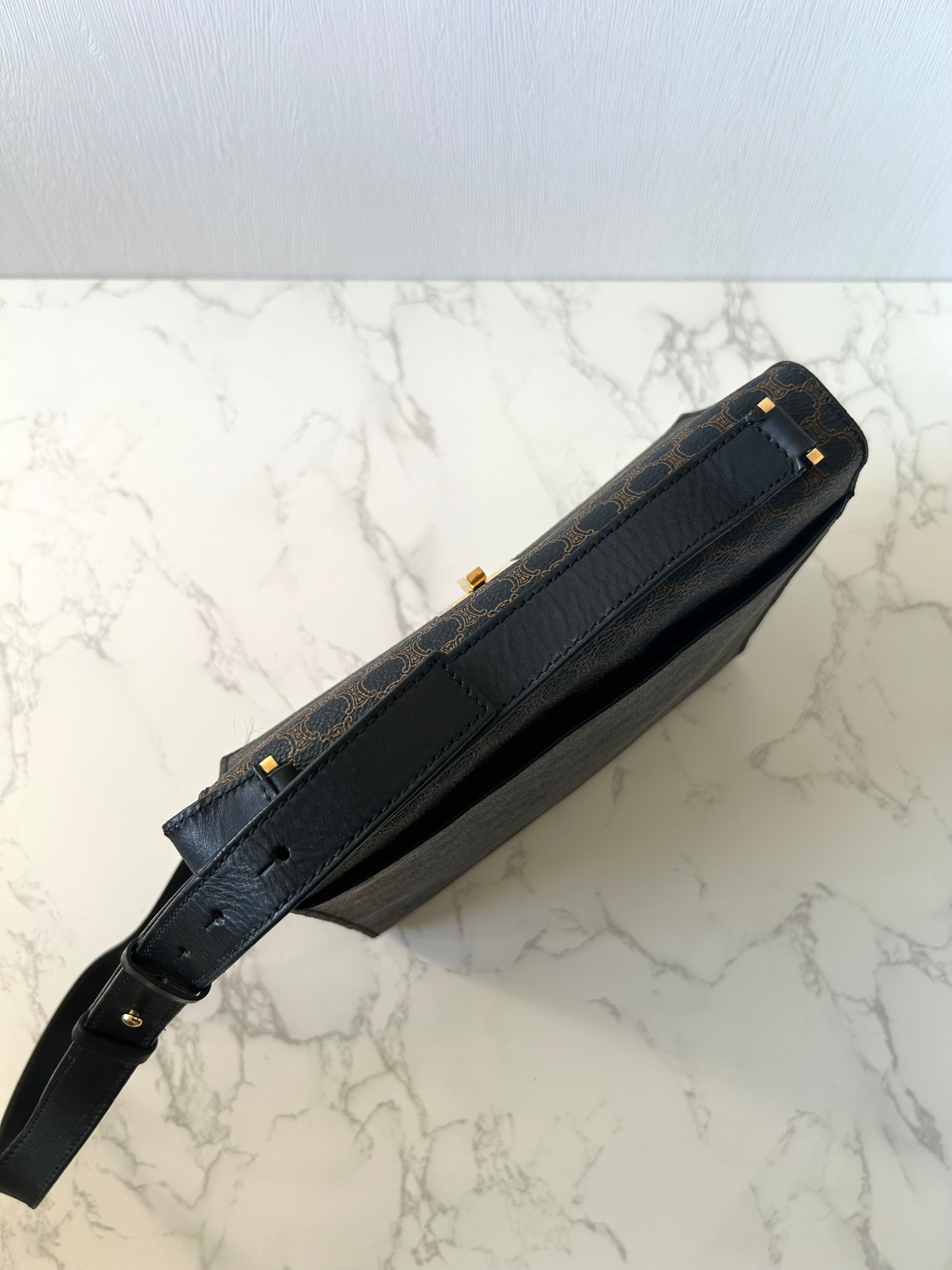 CELINE Rare Black Macadam Gold Turn-lock Box/Shoulder Bag/Crossbody Bag