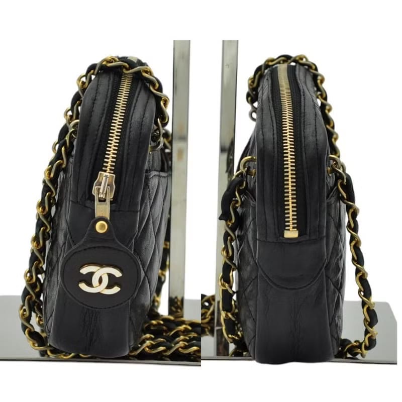 稀有中古二手Chanel黑色小羊皮革金色鏈條相機包/側背包/斜背包