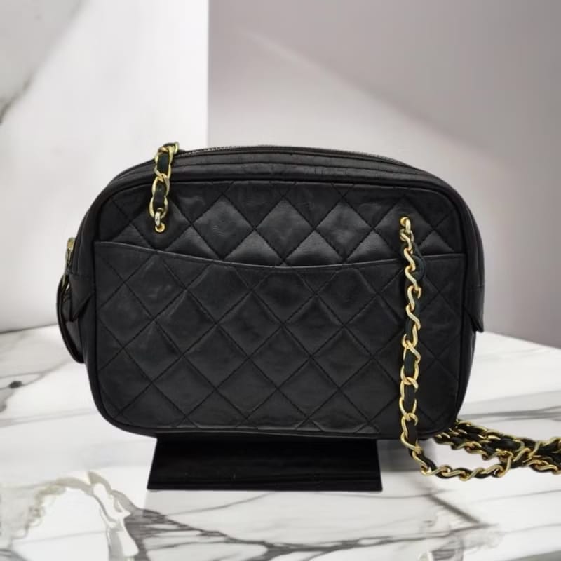 稀有中古二手Chanel黑色小羊皮革金色鏈條相機包/側背包/斜背包