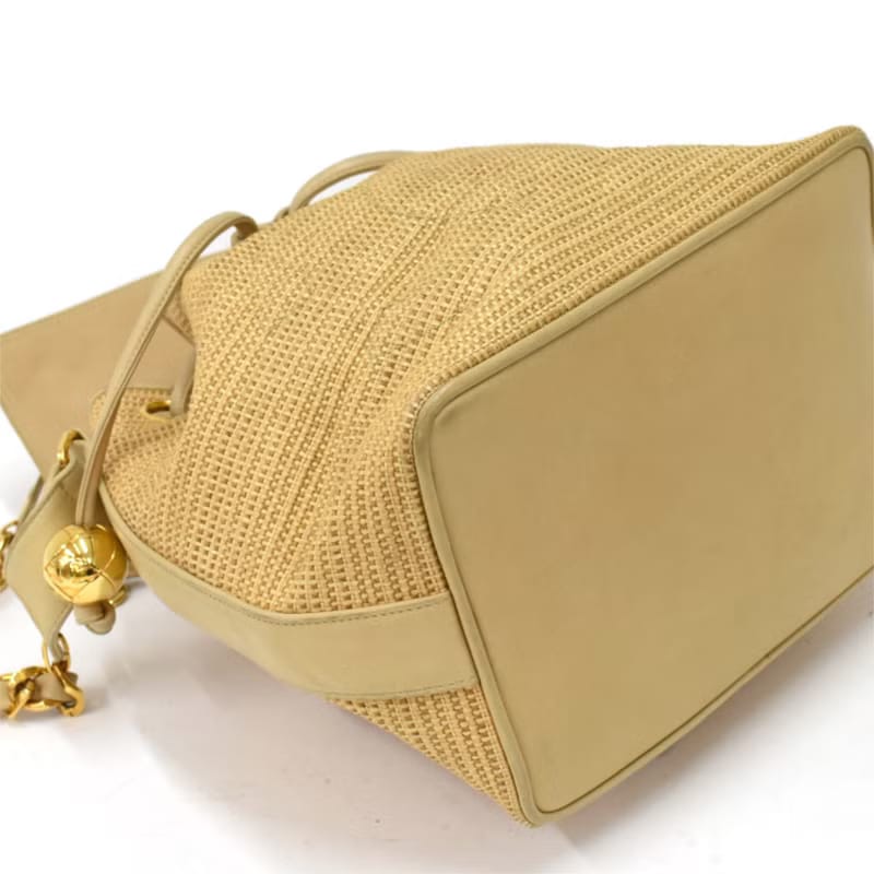 Rare Chanel Raffia and Leather Drawstring Bucket Bag/Shoulder Bag/Crossbody Bag