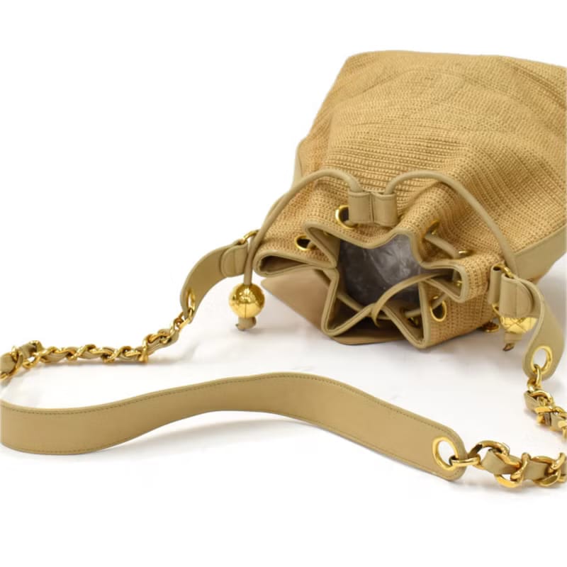 Rare Chanel Raffia and Leather Drawstring Bucket Bag/Shoulder Bag/Crossbody Bag