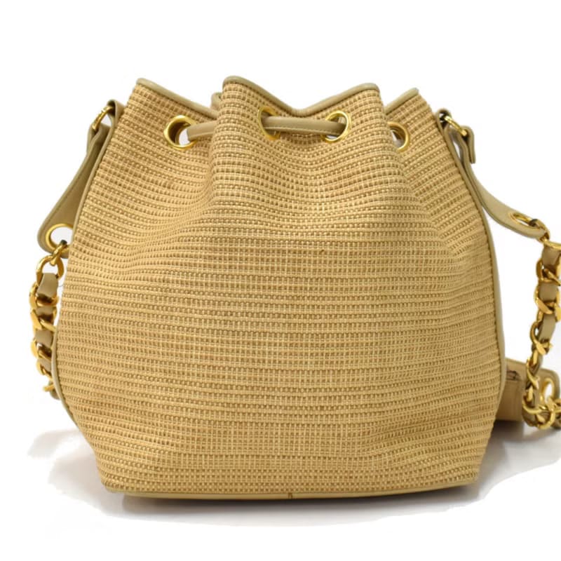 Rare Chanel Raffia and Leather Drawstring Bucket Bag/Shoulder Bag/Crossbody Bag