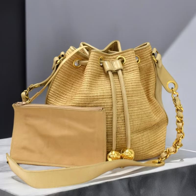 Rare Chanel Raffia and Leather Drawstring Bucket Bag/Shoulder Bag/Crossbody Bag