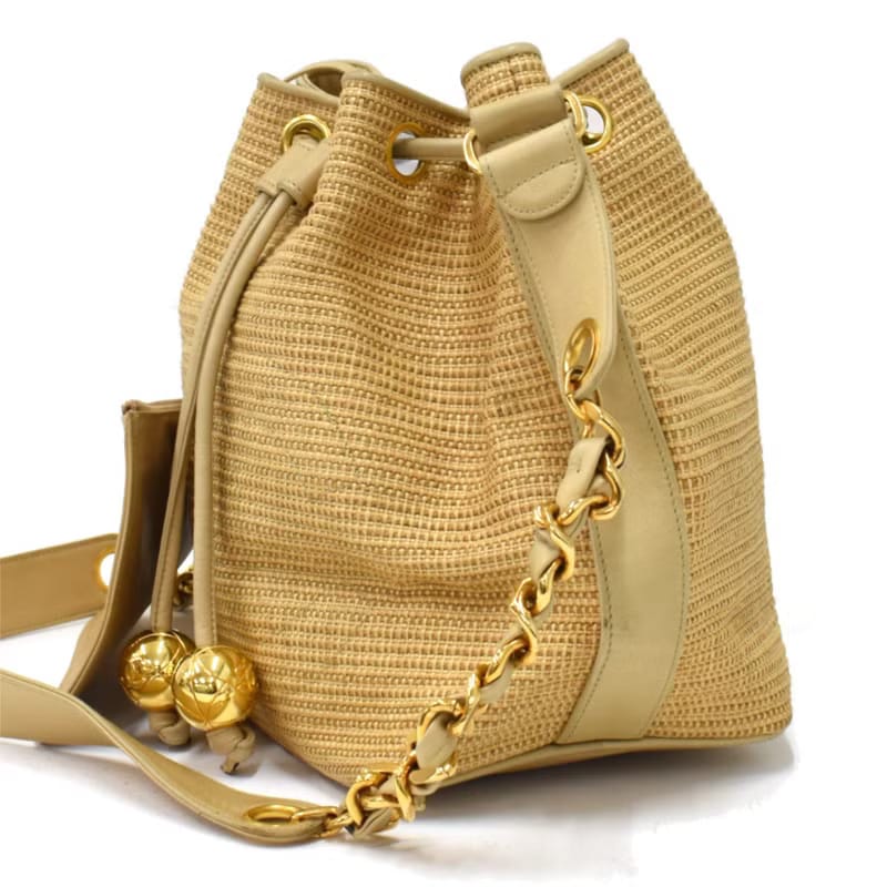 Rare Chanel Raffia and Leather Drawstring Bucket Bag/Shoulder Bag/Crossbody Bag