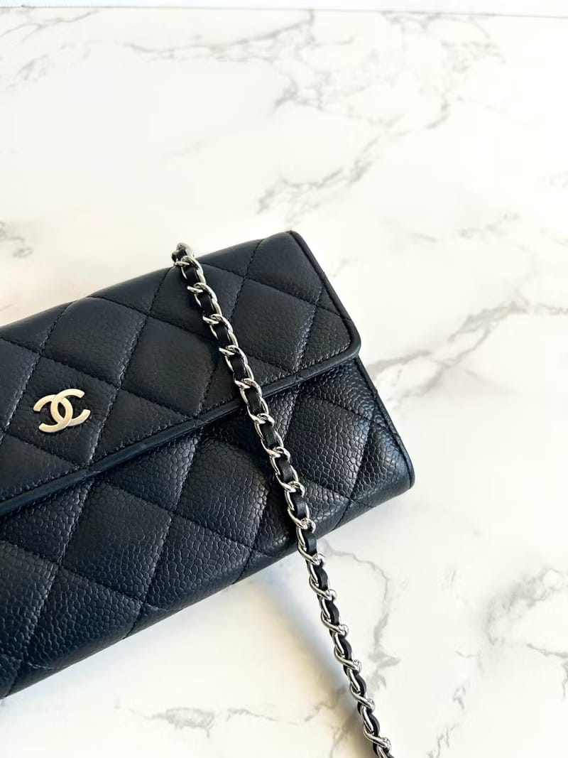 【LA LUNE】中古二手Chanel黑金色魚子醬皮革WOC長皮夾錢包斜背包/側背包