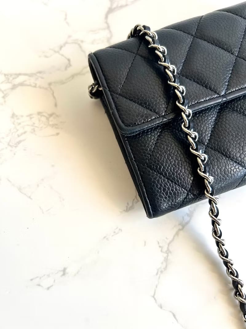 【LA LUNE】Second-hand Chanel black and gold caviar leather WOC long wallet purse crossbody bag/side bag