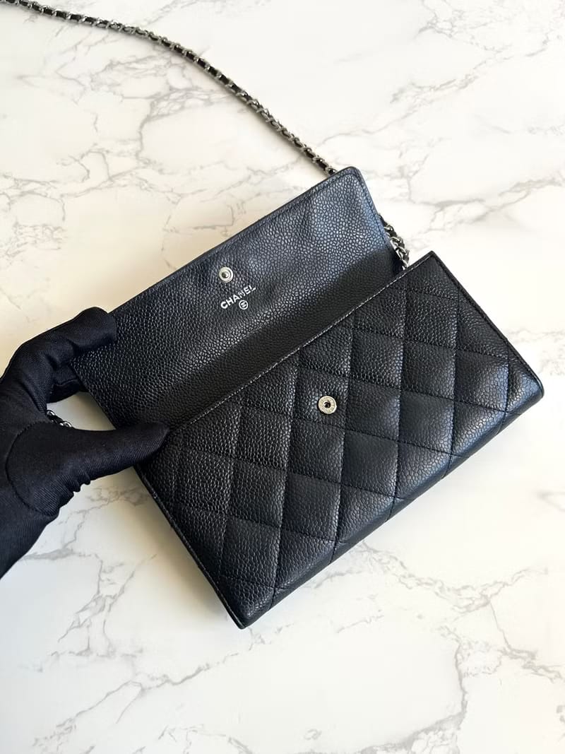 【LA LUNE】Second-hand Chanel black and gold caviar leather WOC long wallet purse crossbody bag/side bag