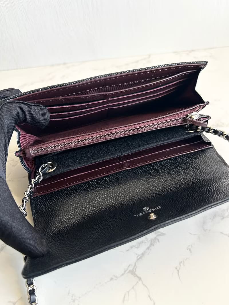 【LA LUNE】中古二手Chanel黑金色魚子醬皮革WOC長皮夾錢包斜背包/側背包