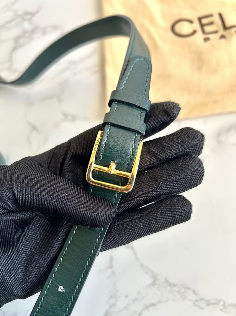 Rare second-hand Celine rotating gold planet dark green leather tofu small shoulder bag / crossbody bag