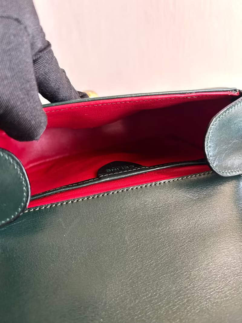 Rare second-hand Celine rotating gold planet dark green leather tofu small shoulder bag / crossbody bag