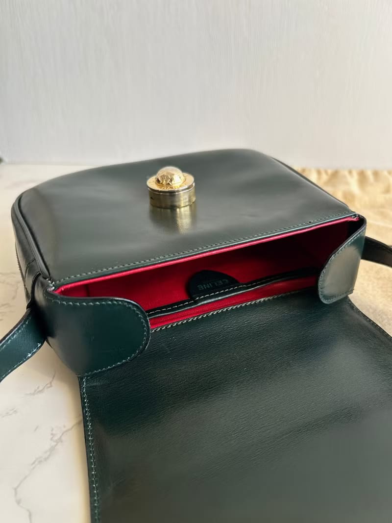 Rare second-hand Celine rotating gold planet dark green leather tofu small shoulder bag / crossbody bag