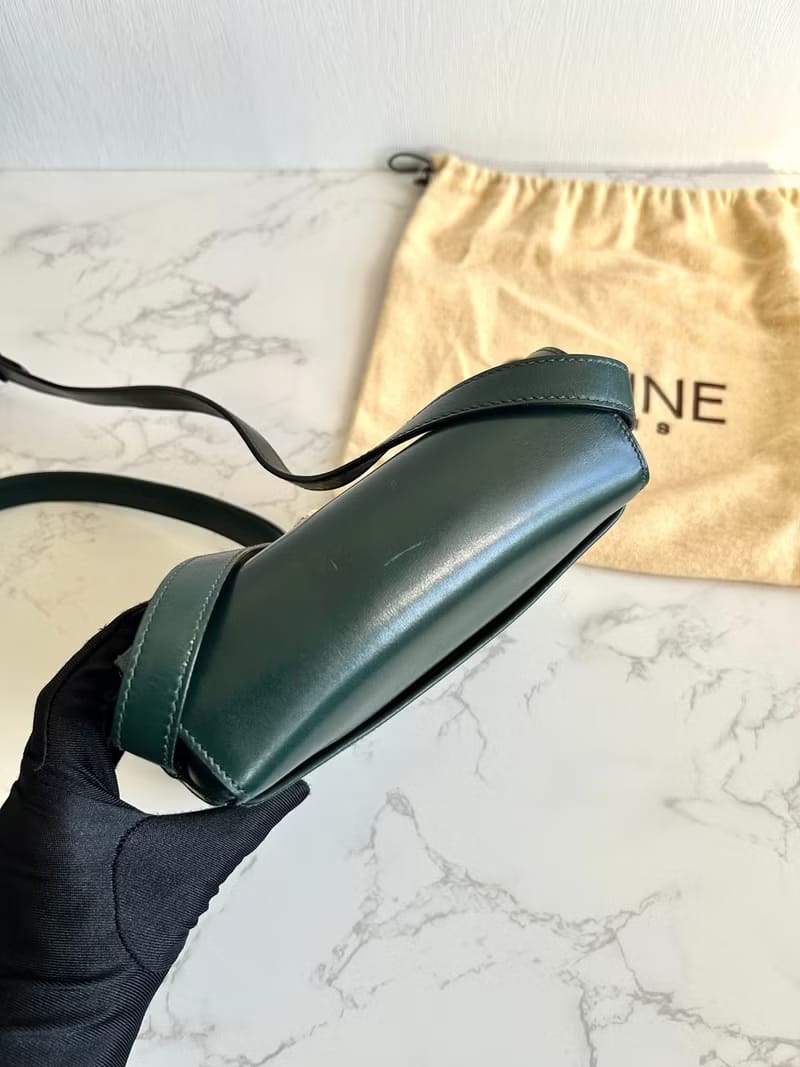 Rare second-hand Celine rotating gold planet dark green leather tofu small shoulder bag / crossbody bag