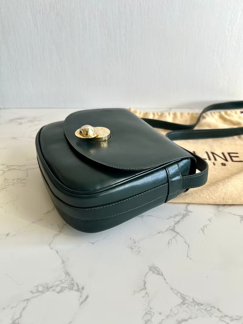 Rare second-hand Celine rotating gold planet dark green leather tofu small shoulder bag / crossbody bag