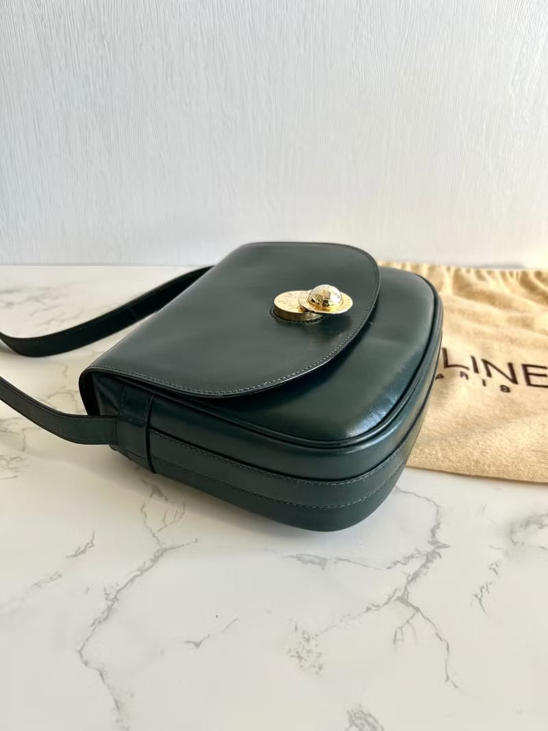 Rare second-hand Celine rotating gold planet dark green leather tofu small shoulder bag / crossbody bag