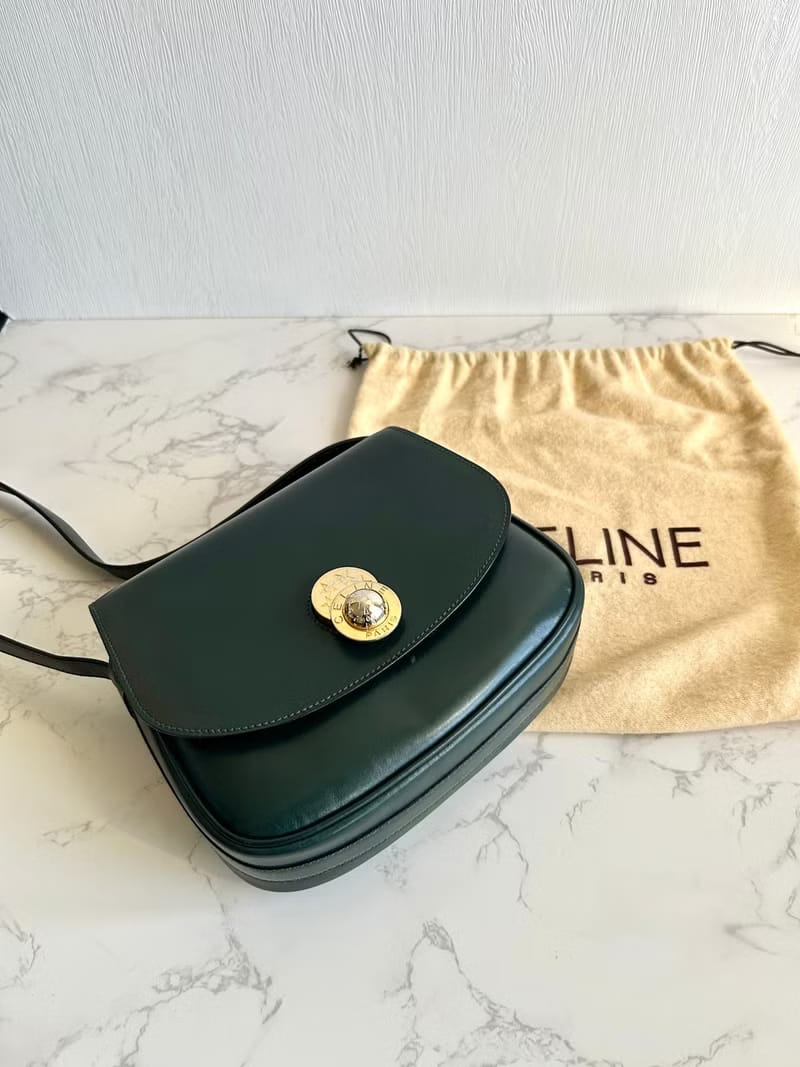 Rare second-hand Celine rotating gold planet dark green leather tofu small shoulder bag / crossbody bag