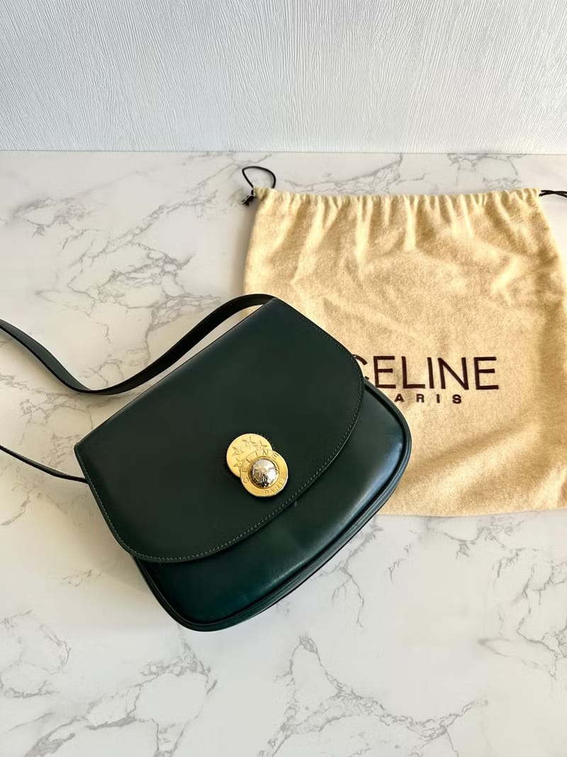 Rare second-hand Celine rotating gold planet dark green leather tofu small shoulder bag / crossbody bag