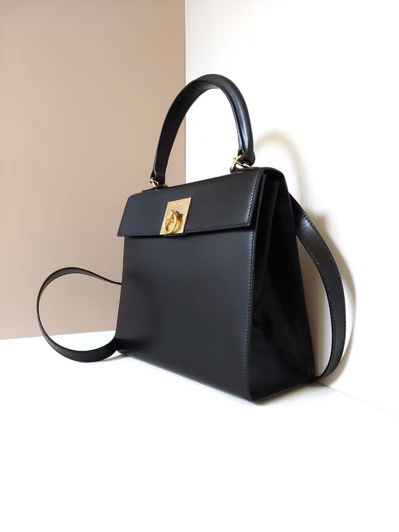 稀有中古二手Celine黑色金環扣凱莉皮革斜背包/側背包/手提包