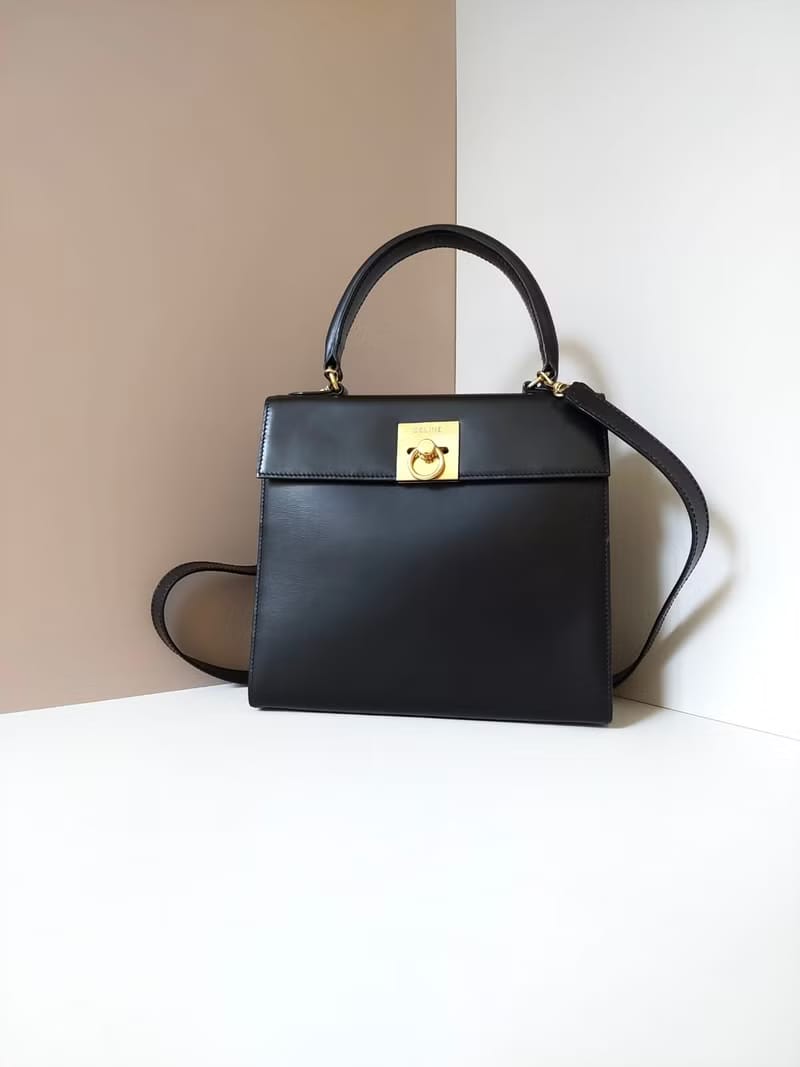 稀有中古二手Celine黑色金環扣凱莉皮革斜背包/側背包/手提包