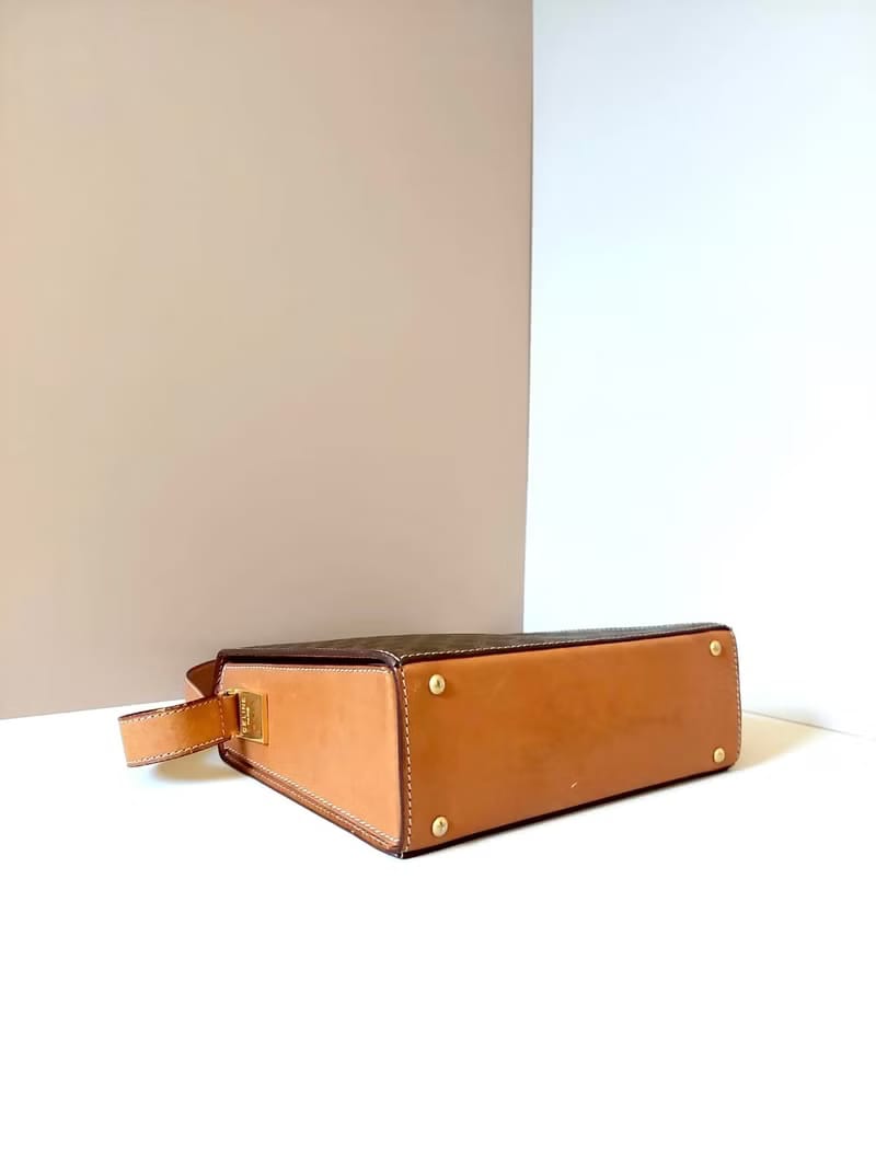 稀有中古二手Celine咖啡色老花金扣小豆腐盒子皮革腋下側背包