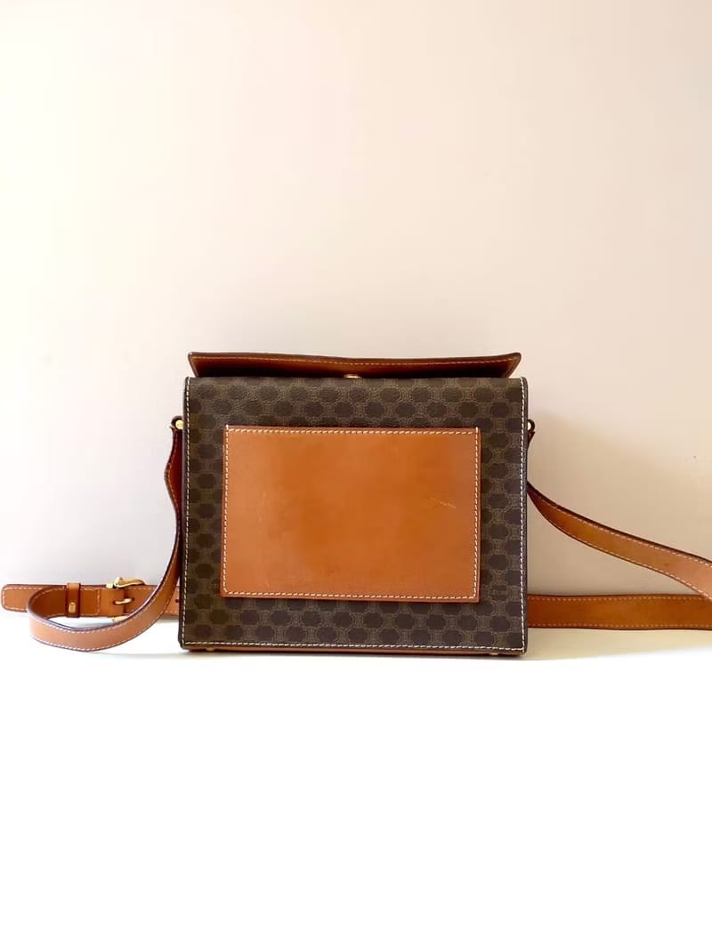 稀有中古二手Celine咖啡色老花金扣小豆腐盒子皮革腋下側背包