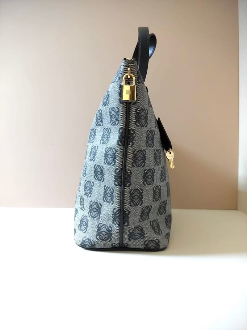 Loewe black and gray old flower small gold lock side backpack / tote bag