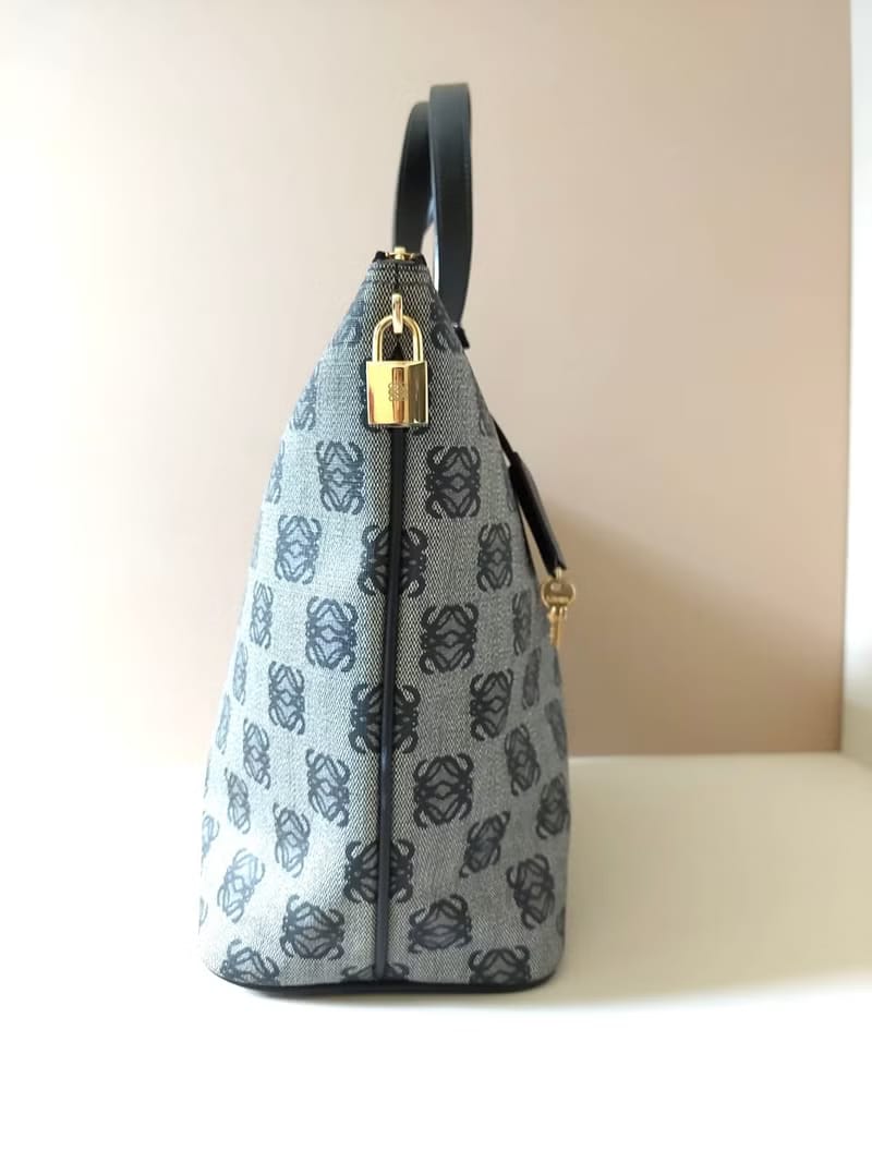 Loewe black and gray old flower small gold lock side backpack / tote bag