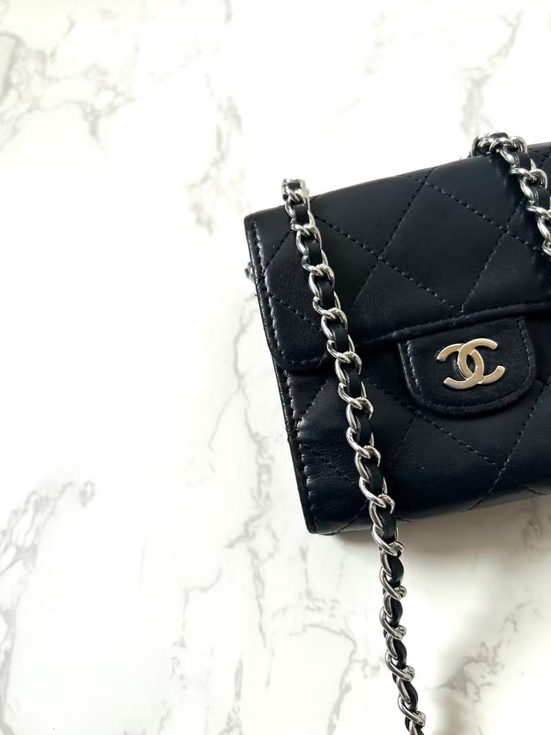 Second-hand Chanel double-sided lambskin leather black WOC side bag/crossbody bag/shoulder bag/short wallet
