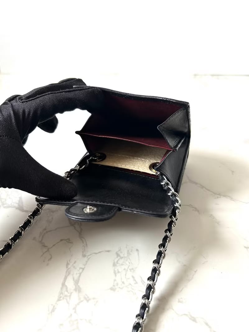 Second-hand Chanel double-sided lambskin leather black WOC side bag/crossbody bag/shoulder bag/short wallet