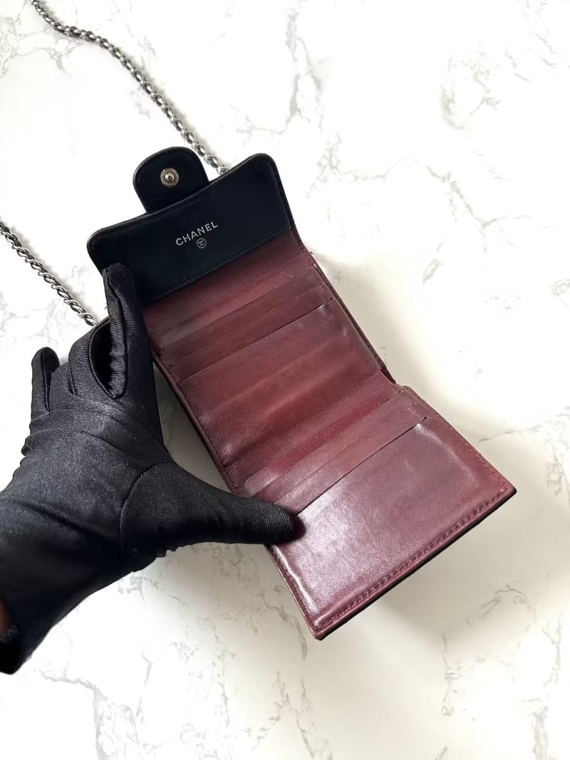 Second-hand Chanel double-sided lambskin leather black WOC side bag/crossbody bag/shoulder bag/short wallet