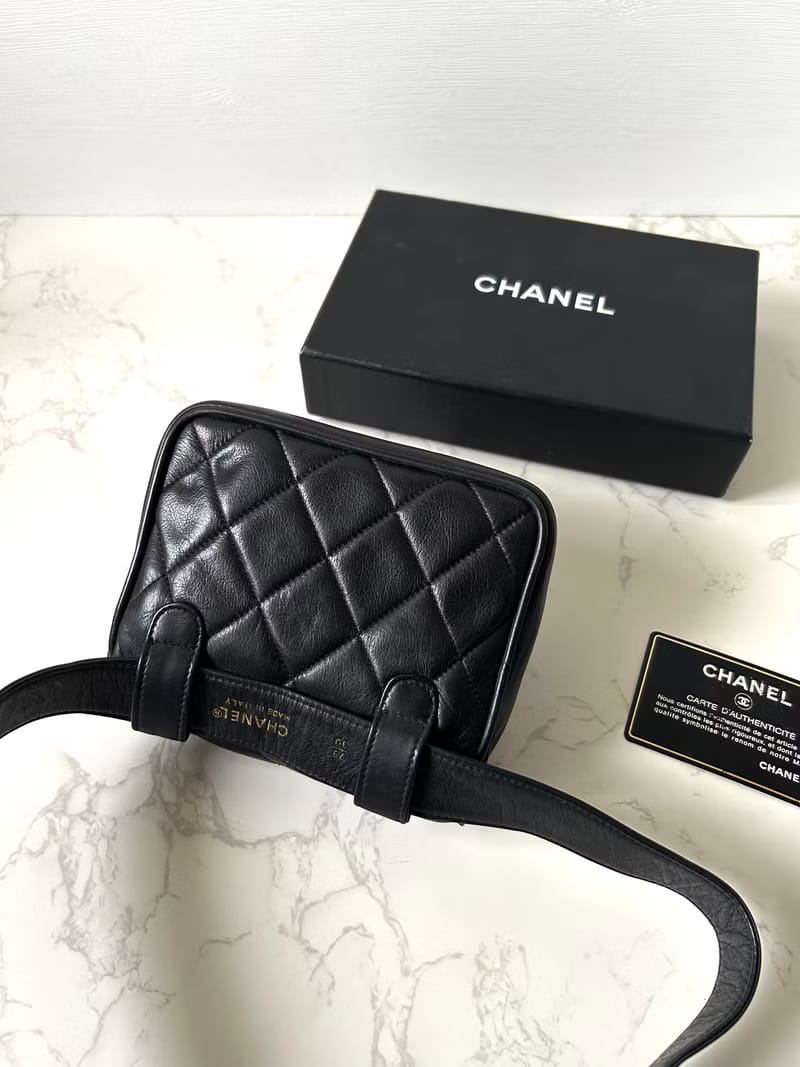 Second-hand Chanel black leather chain shoulder bag/side bag/crossbody bag