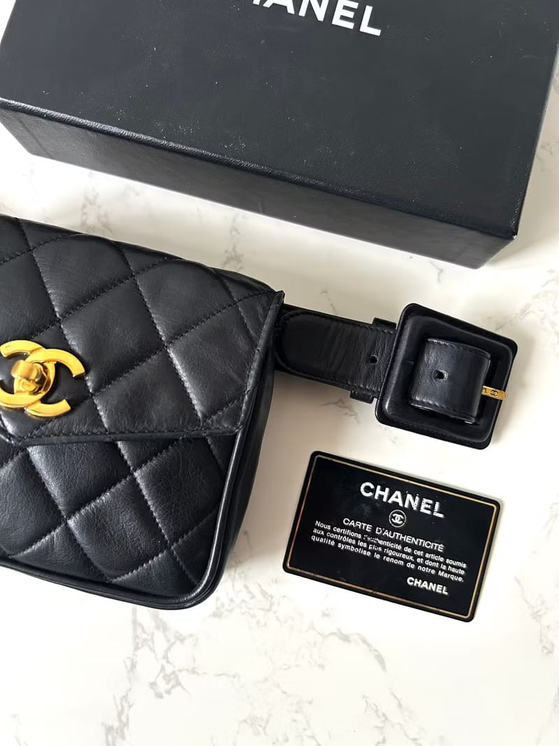 Second-hand Chanel black leather chain shoulder bag/side bag/crossbody bag