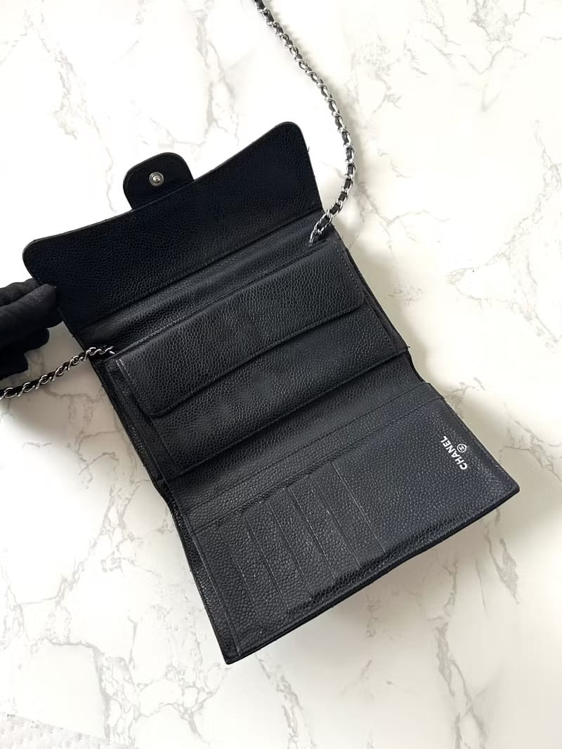 【LA LUNE】中古Chanel黑色魚子醬皮革WOC手袋側背包斜背包/長皮夾錢包/單肩包