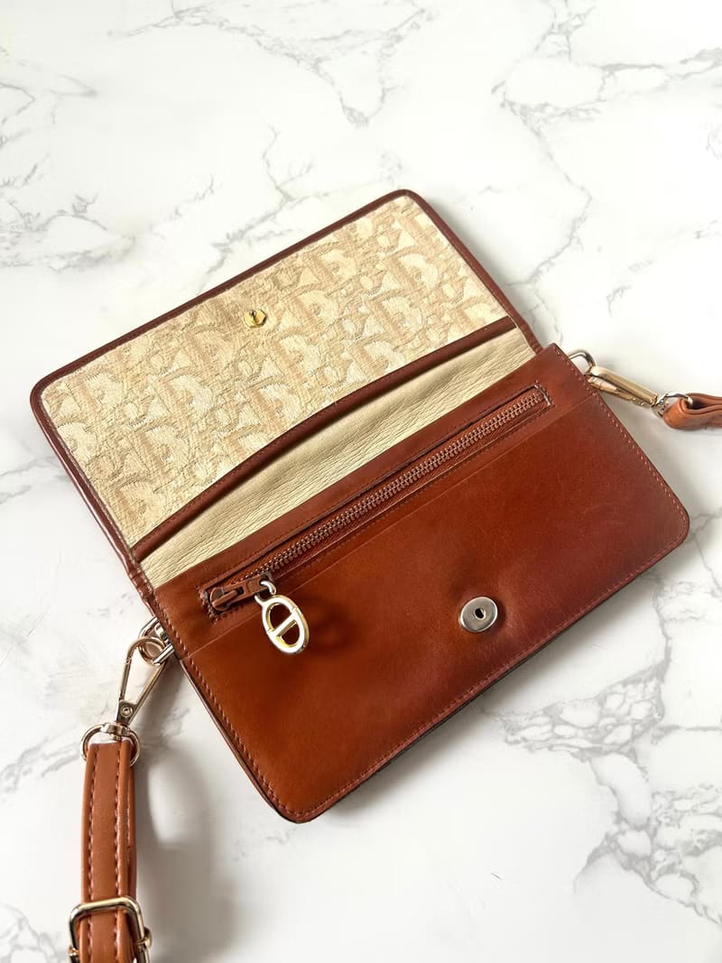 Rare second-hand Dior earth-tone monogram shoulder bag/crossbody bag/long wallet