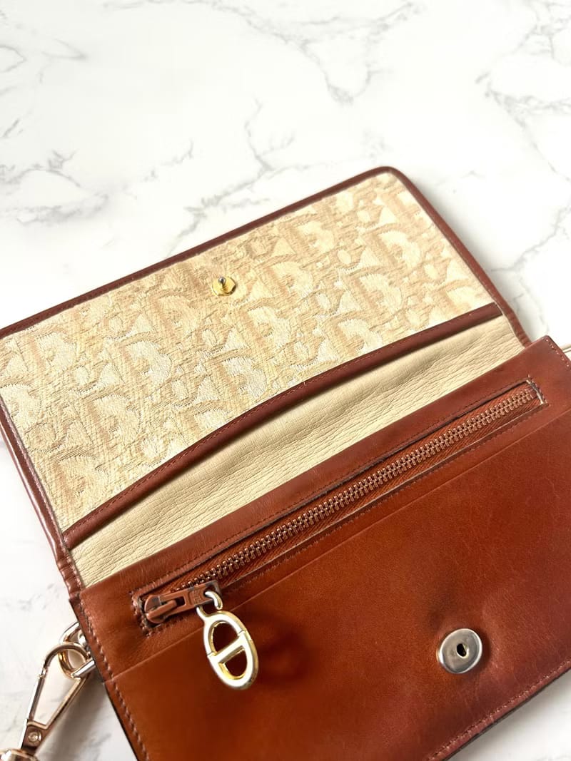 Rare second-hand Dior earth-tone monogram shoulder bag/crossbody bag/long wallet