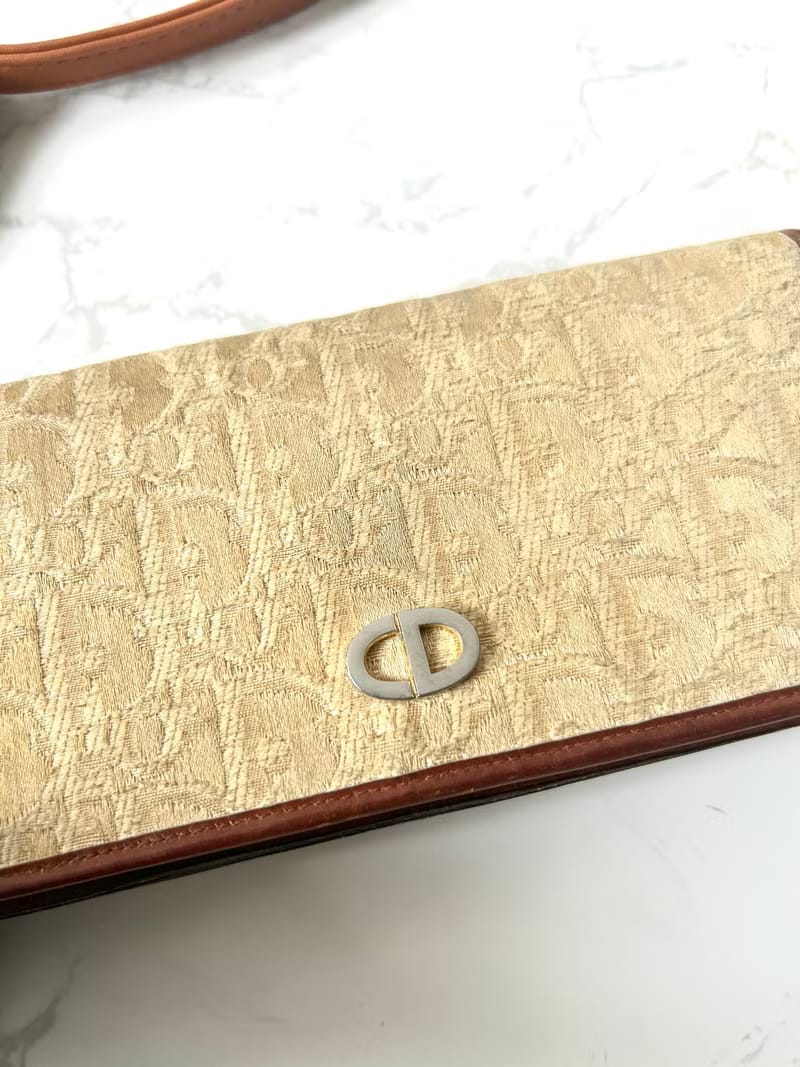 Rare second-hand Dior earth-tone monogram shoulder bag/crossbody bag/long wallet