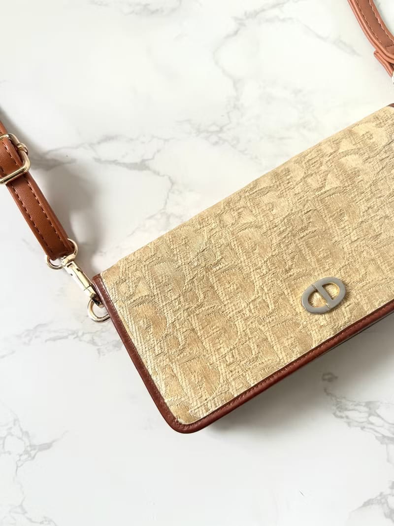 Rare second-hand Dior earth-tone monogram shoulder bag/crossbody bag/long wallet