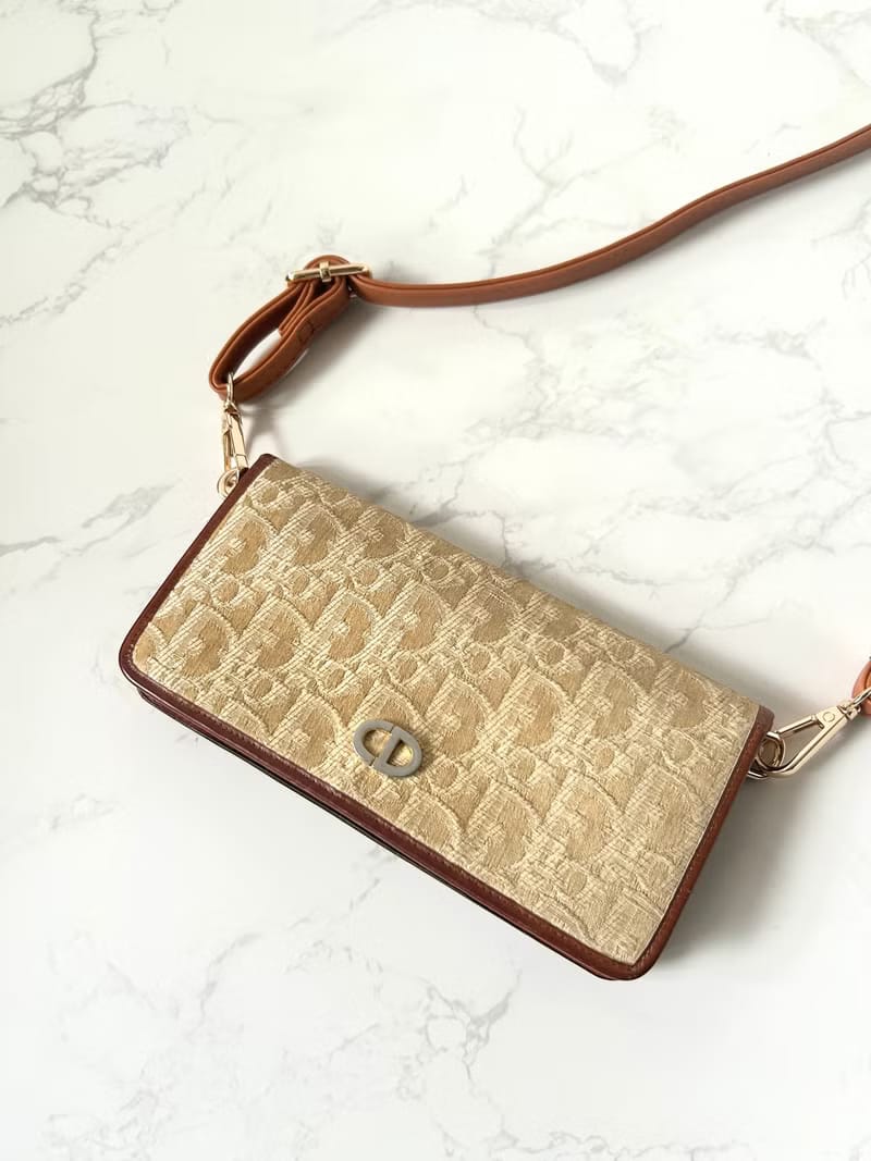 Rare second-hand Dior earth-tone monogram shoulder bag/crossbody bag/long wallet