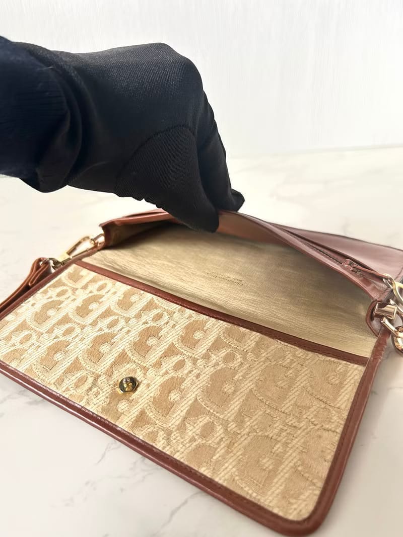 Rare second-hand Dior earth-tone monogram shoulder bag/crossbody bag/long wallet