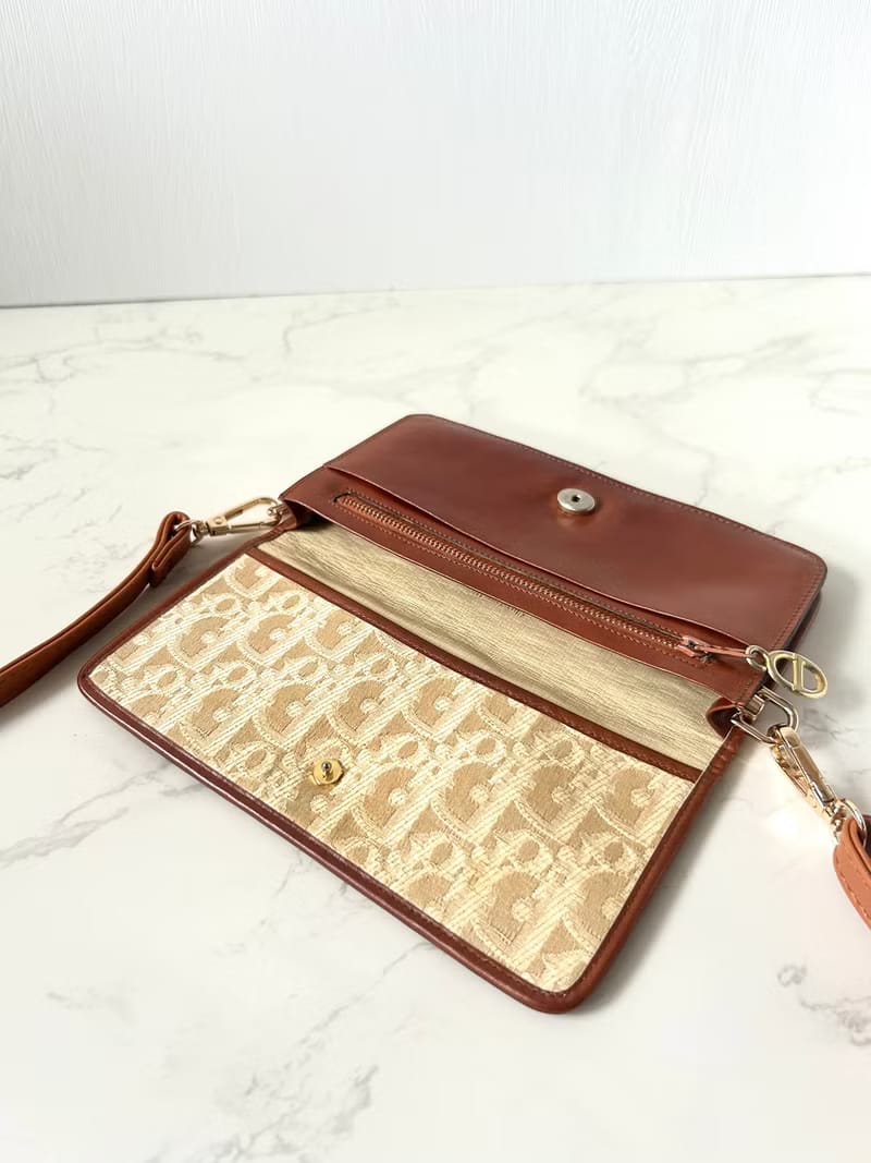Rare second-hand Dior earth-tone monogram shoulder bag/crossbody bag/long wallet