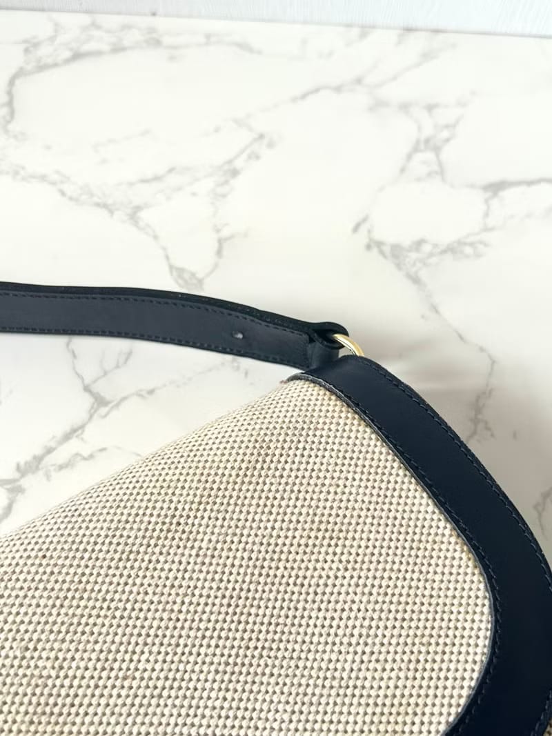 Second-hand Celine navy blue and white carriage with gold buckle leather shoulder bag/crossbody bag