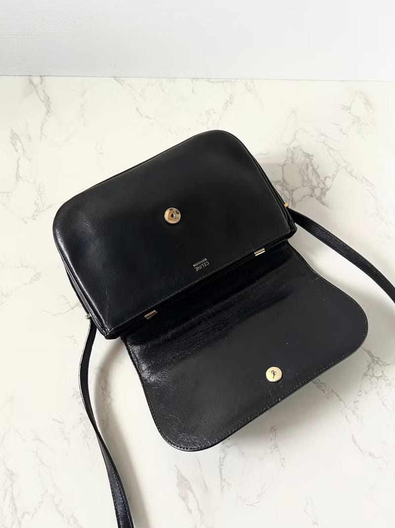 Rare Celine Large Arc de Triomphe Buckle Saddle Black Leather Side Bag/Messenger Bag