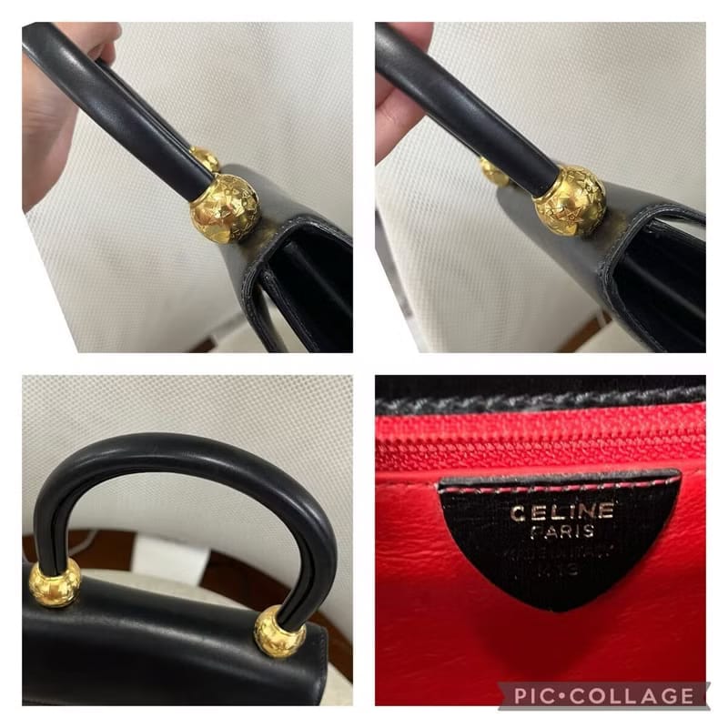 Rare second-hand Celine double gold planet black leather handbag