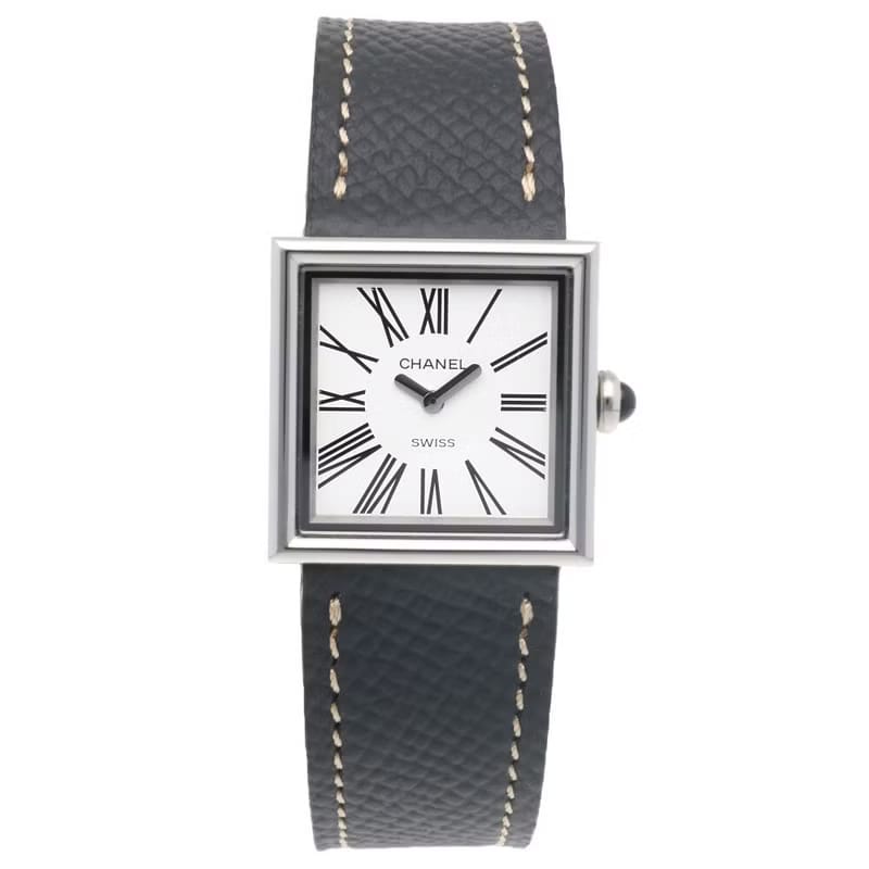 稀有中古二手Chanel Mademoiselle炭灰色石英古董錶皮革帶女手錶