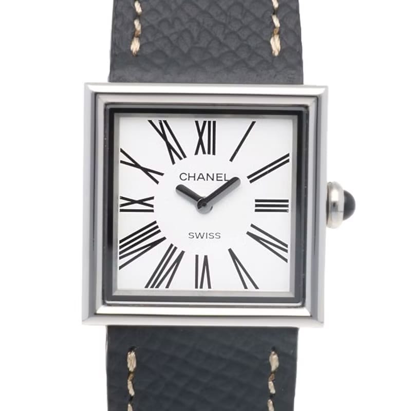 Rare second-hand Chanel Mademoiselle charcoal grey quartz vintage watch leather strap women's watch